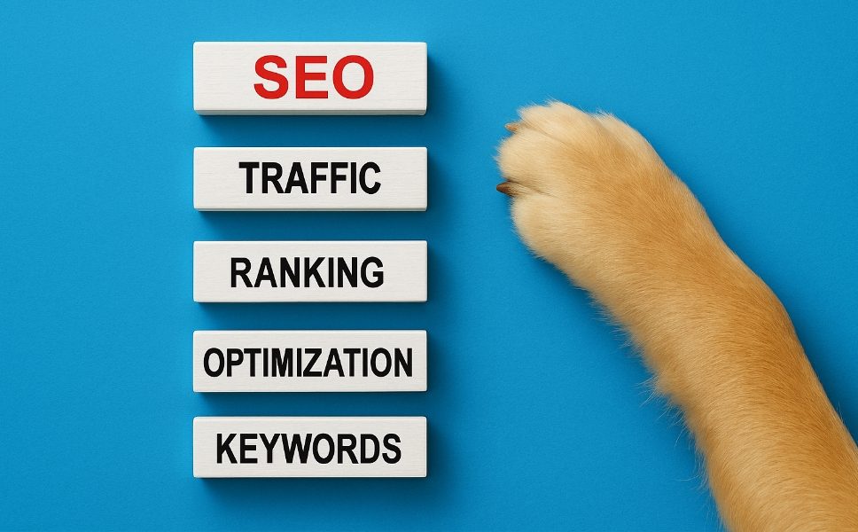 Dog paw pointing to blocks that spell SEO, traffic, ranking, optimization and keywords.