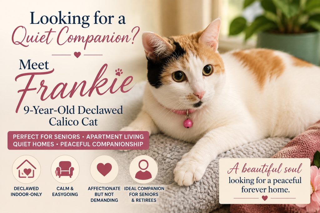 Meet frankie, a 9-year-old declawed calico cat for adoption in Belverde Texas, near san antonio and austin.