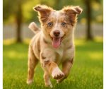 Skarl, a 10-month-old Australian Shepherd Chihuahua mix puppy, trotting through a park with a happy expression in Charleston SC