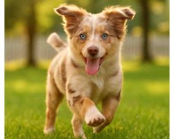 Puppy For Adoption In Charleston Photo Skarl, a 10-month-old australian shepherd chihuahua mix puppy, trotting through a park with a happy expression in charleston sc