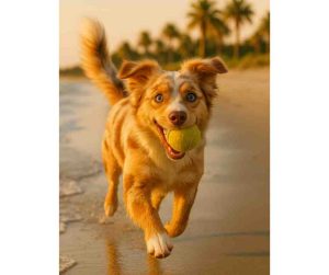 Skarl, a 10-month-old Australian Shepherd Chihuahua mix puppy, trotting on the beach with his tongue out in Charleston SC