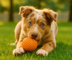 Skarl, an adorable Australian Shepherd Chihuahua mix puppy with white and tan fur, sitting in the grass in Charleston SC