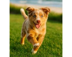 Puppy For Adoption In Charleston Photo Skarl, a happy 10-month-old australian shepherd chihuahua mix puppy, smiling while trotting through green grass in charleston sc