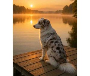 australian shepherd dog for adoption Photo Grace, a red merle Australian Shepherd, sitting on a wooden dock at sunset looking over a still lake in Charleston SC