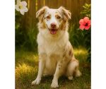 Puppy For Adoption In Charleston Photo Grace, a red merle australian shepherd, sitting in the garden between white and pink hibiscus flowers with a sweet smile