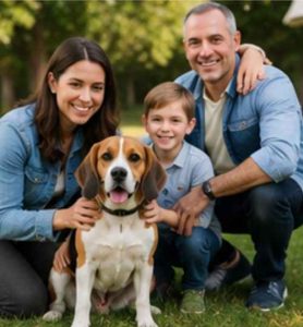 Medium sized Beagle dog with family