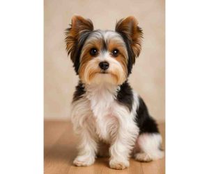 Biewer terrier dog for adoption sits facing the camera.