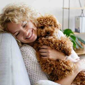 Cute maltipoo dog and owner