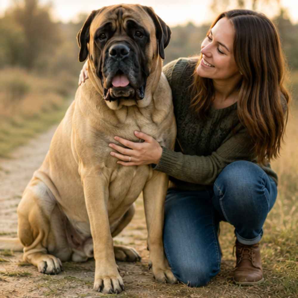Hand super phone, english, mastiff, dog and owner
