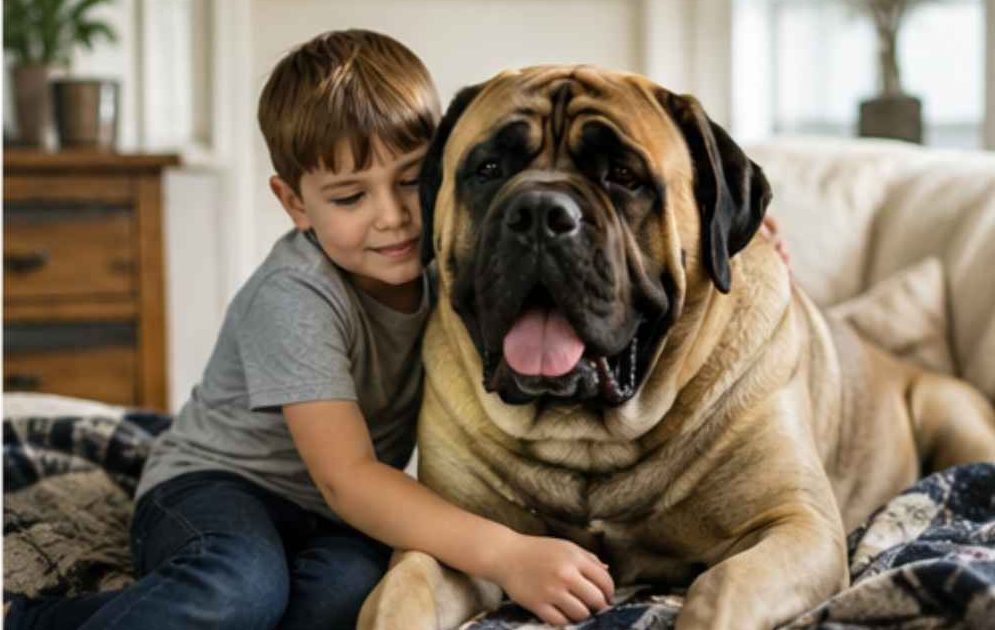 Photo English mastiff sits quietly beside boy