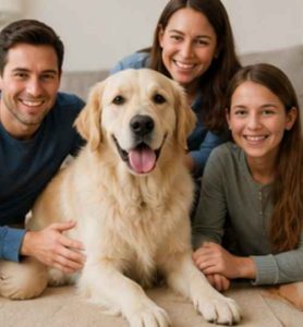 Large Golden Retriever dog with family
