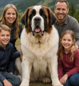 Giant Saint Bernard dog with family