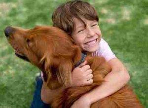Boy hugs a dog