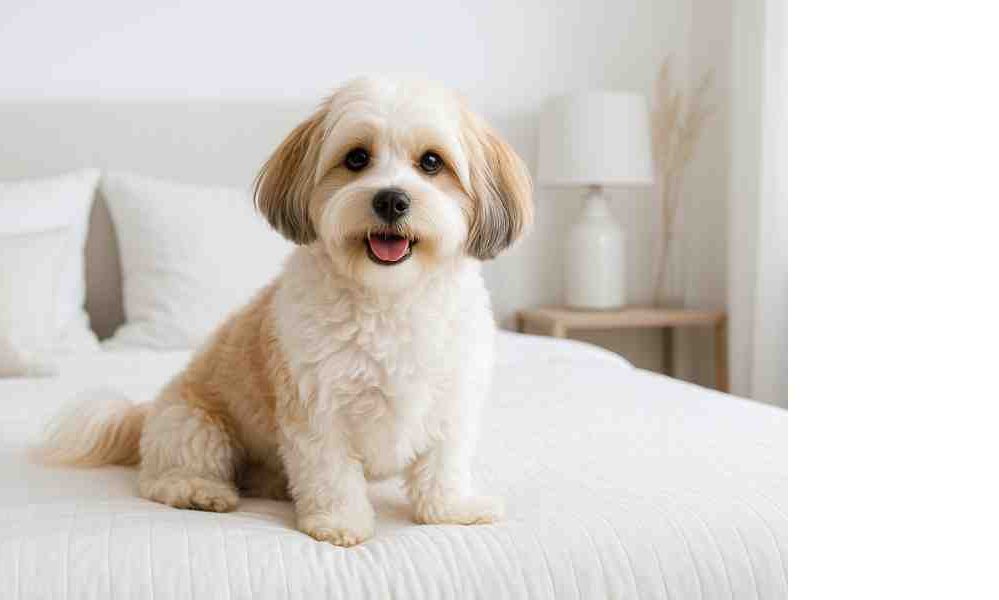 cute havashu dog sitting on a bed.