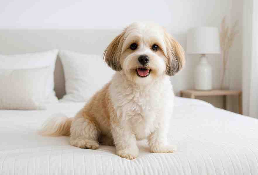 cute havashu dog sitting on a bed.