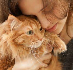 Woman snuggles her orange Tabby cat 