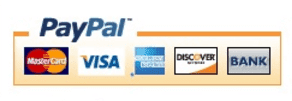 Paypal credit card logo showing mastercard, visa, amex, discover and bank transfer